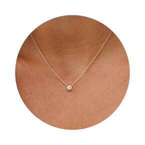 Handmade Dainty Cubic Zirconia Necklace - Gold Plated Solitaire Pendant - Gold Necklace For Women - Gold Plated Necklace For Women, 15"