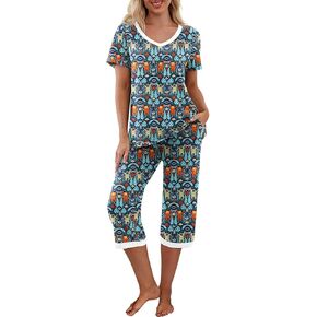 PrinStory Women's Pajama Set Short Sleeve Shirt and Capri Pants Sleepwear Pjs Sets with Pockets