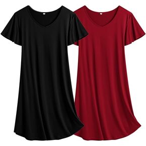 Ekouaer 2 Pack Nightgowns for Women Flare Short Sleeve Sleepshirt V Neck Sleepwear Plain/Floral Print Pajama Dress