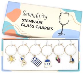 Greek Wine Glass Charms, Gift for Greeks, Greece Inspired Glass Identifiers, Set Include 6 charms: Greek Flag, Santorini Chapel, Sun, Sunbed, Boat and Grape, Greek Woman Gift