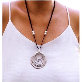 Black Leather Necklace for Women, Multi Ring Silver Metal Circle Statement Necklace, Lariat Necklace, Boho Jewelry