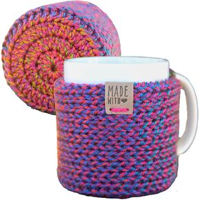 2 Pack Mug Cozy Sleeve With Bottom Coaster and Button, Reusable Knit Cup Cozies for Coffee and Tea, Pink and Purple Gift