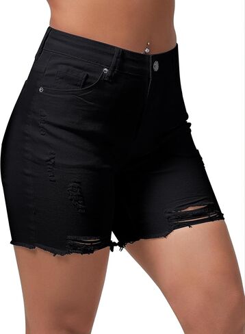 roswear Women’s Casual Summer Ripped High Waisted Denim Shorts Stretch Distressed Frayed Raw Hem Jean Shorts in Kuwait