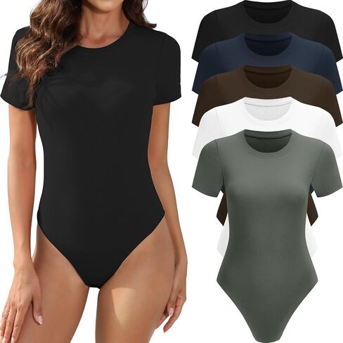 MLYENX 5 Pack Body Suits for Womens Short Sleeve Round Neck Casual Stretchy Basic T Shirt Bodysuit Shirts in Kuwait