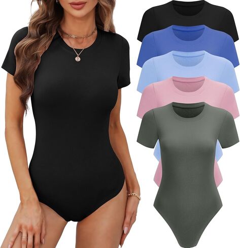 BALENNZ Women's 4/5 Pack Short Sleeve Round Neck Bodysuit Tops Crew Neck Basic Casual Tshirt Bodysuits in Kuwait