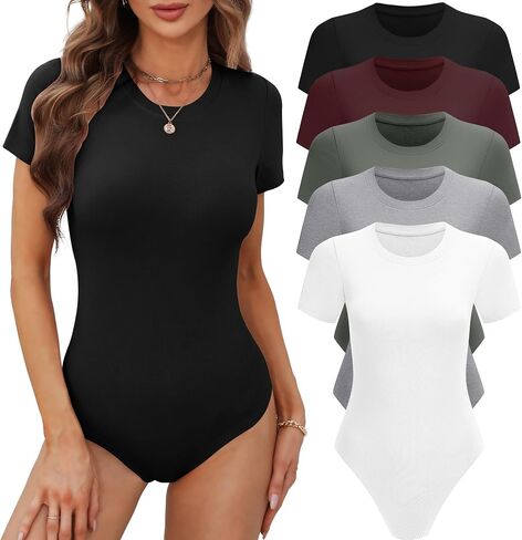 BALENNZ Women's 4/5 Pack Short Sleeve Round Neck Bodysuit Tops Crew Neck Basic Casual Tshirt Bodysuits in Kuwait