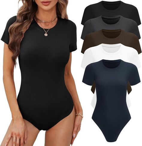 BALENNZ Women's 4/5 Pack Short Sleeve Round Neck Bodysuit Tops Crew Neck Basic Casual Tshirt Bodysuits in Kuwait