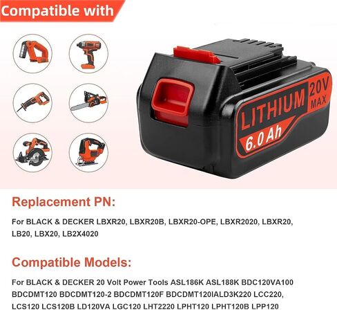 ARyee 6.0Ah 20V LBXR20 LBX4020 بطارية ليثيوم متوافقة مع بلاك اند ديكر 20 فولت ماكس LB20 LBX20 LBXR2020 LB2X4020-OPE LBXR20-OPE أدوات تشغيل مثقاب كهربائي لاسلكي in Saudi Arabia