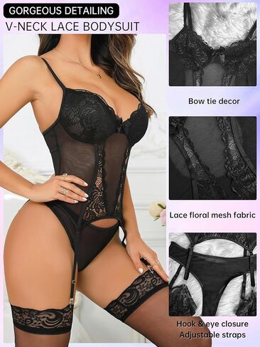 ssyyx Women's Sexy Lingerie Set with Garter Belt Lace Bodysuit Teddy Baby Dolls Panty with Stockings in Kuwait