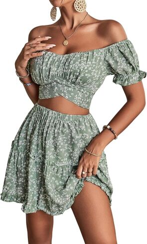 LYANER Women's 2 Piece Outfits Floral Off Shoulder Tie Up Crop Top and Mini Skirt Set in Saudi Arabia