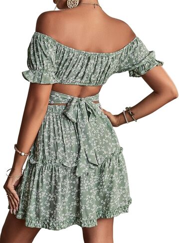 LYANER Women's 2 Piece Outfits Floral Off Shoulder Tie Up Crop Top and Mini Skirt Set in Saudi Arabia