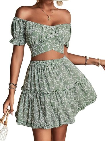 LYANER Women's 2 Piece Outfits Floral Off Shoulder Tie Up Crop Top and Mini Skirt Set in Saudi Arabia