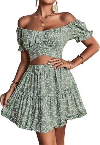 LYANER Women's 2 Piece Outfits Floral Off Shoulder Tie Up Crop Top and Mini Skirt Set in Saudi Arabia