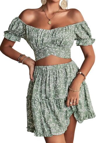 LYANER Women's 2 Piece Outfits Floral Off Shoulder Tie Up Crop Top and Mini Skirt Set in Saudi Arabia