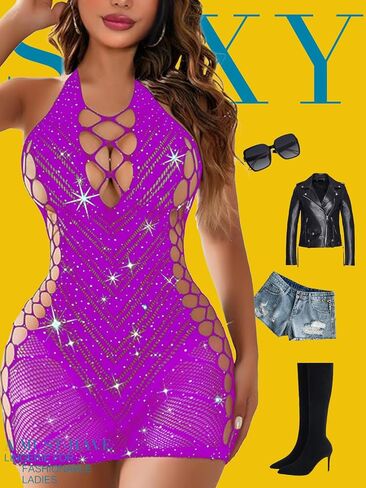 FasiCat Women Fishnet Babydoll Lingerie Chemise Halter Nightwear Mini Teddy Dress in Kuwait