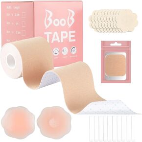 Boob Tape, Replace Your Bra-Instant Breast Lift Tape for A-G, Bob Tape for Breast Lift with 1 Breast Tape, 5 Pairs Satin Breast Petals, 1 Pair Silicone Nipple Stickers, 10 PCS Double Side Tape (2inch)