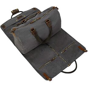 2 in 1 Canvas Leather Suit Luggage Garment Bag with Shoulder Strap for Travel and Business Trips (Black)