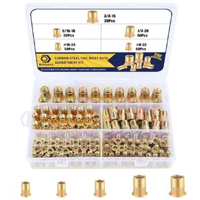Bonost 200Pcs Rivet Nuts SAE - 1/4"-20, 5/16"-18, 3/8"-16, 8-32, 10-24 Rivet Nut Assortment Kit - Zinc Plated Carbon Steel Rivnuts Nutserts for Metal, Plastic, Fiberglass (Inch)