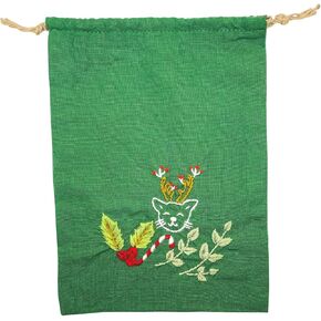 Handmade Reusable Cloth Drawstring Bags - Unusual Linen Fabric Hand Embroidery Gift Bags Small with Happy Cat Decoration - 5.5x7.4'' (Happy Cat, Red)