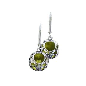 Recycled Early 1900's Olive Green Wine Bottle Glass and Sterling Silver Vintage Lace Lever Back Earrings