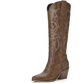 White Cowboy Boots for Women - Wide Calf Rhinestone Cowgirl Boots, Women Knee High Western Boots, Glitter Sparkly Ladies Tall Boots with Classic Embroidery and Side Zipper, Retro Classic Country Boots Pull On for Ladies