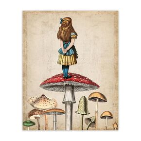Whimsical Alice Atop Mushrooms Wall Art Print - 8x10 Unframed Picture For Home, Office, Classroom, Dorm, Living Room & Bedroom Decor - Creative Gift Idea For Alice Fans