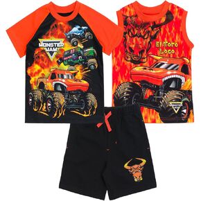 Monster Jam T-Shirt Tank Top & French Terry Shorts 3 Piece Set Toddler to Big Kid Grave Digger El Toro Loco Megalodon in Kuwait