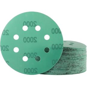 5 Inch Sanding Discs 50Pack 8 Hole Hook and Loop 800/1000/1200/1500/2000 Assorted Fine Grit Wet Dry Green 5" Sanding Disc for Random Orbital Sander Wood Metal Car Plastic Polishing and Finishing