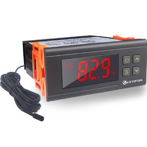KETOTEK Digital Temperature Controller AC110V 10A Fahrenheit Thermostat with 2m Waterproof Sensor 2 Relays Heating Cooling Incubator