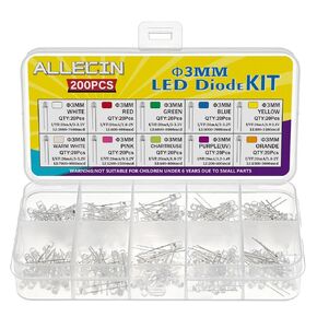 ALLECIN 24 Values Multicolor LED Light Emitting Diodes Kit 5MM 3MM White Red Blue Yellow Green Orange Purple Transparent Round LED Lamp Lighting Assorted for Arduino Electronics