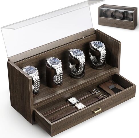 boxoon Men's Watch Display Case, 2 in 1 Premium Watch Box Organizer with Watch Holder and Drawer, 2-tier Wooden Watch Storage For Men Women to Display The Collection, Gift for Your Loved Ones - Walnut in Saudi Arabia