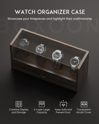 boxoon Men's Watch Display Case, 2 in 1 Premium Watch Box Organizer with Watch Holder and Drawer, 2-tier Wooden Watch Storage For Men Women to Display The Collection, Gift for Your Loved Ones - Walnut in Saudi Arabia
