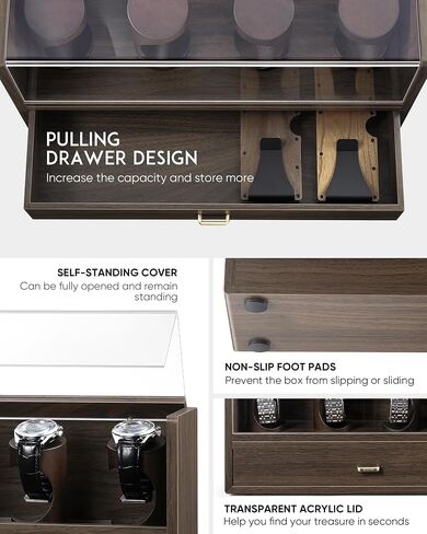 boxoon Men's Watch Display Case, 2 in 1 Premium Watch Box Organizer with Watch Holder and Drawer, 2-tier Wooden Watch Storage For Men Women to Display The Collection, Gift for Your Loved Ones - Walnut in Saudi Arabia
