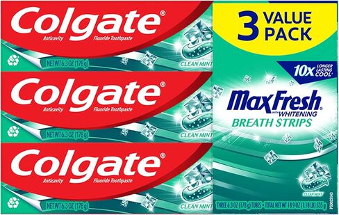 Colgate Max Fresh with Whitening Toothpaste with Mini Breath Strips, Clean Mint Toothpaste for Bad Breath, 6.3 Oz Tube. 3 Pack in Kuwait