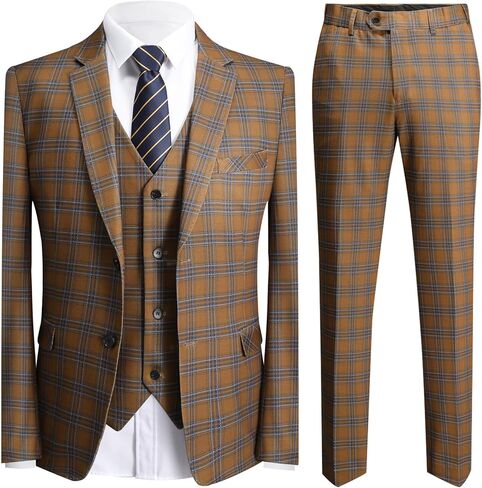 YFFUSHI Men's Plaid Tweed 3 Piece Suit Slim Fit Button Dinner Suit Tuxedo in Kuwait