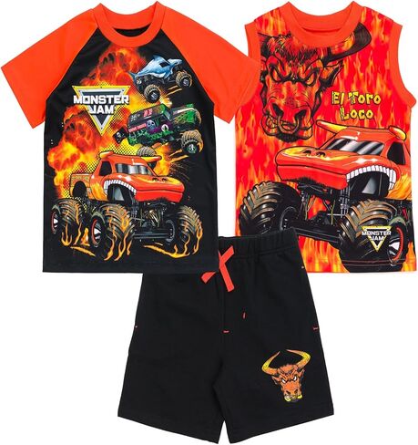 Monster Jam T-Shirt Tank Top & French Terry Shorts 3 Piece Set Toddler to Big Kid Grave Digger El Toro Loco Megalodon in Kuwait