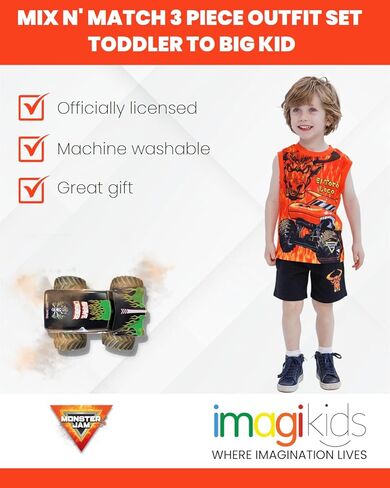 Monster Jam T-Shirt Tank Top & French Terry Shorts 3 Piece Set Toddler to Big Kid Grave Digger El Toro Loco Megalodon in Kuwait