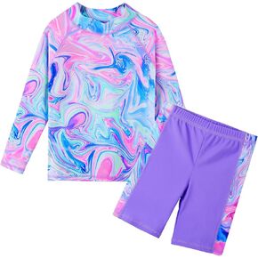 TFJH E Girls Swimsuit UPF 50+ UV Two Piece Long Sleeve Swimwear Rash Guard Sets 3-12Y