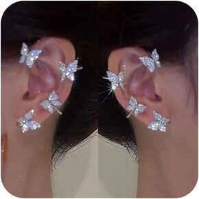 2PCS Butterfly Tassel Zircon Earrings Butterfly Ear Cuffs No Piercing Butterfly Flower Climber Wrap Around Earrings Fairy Butterfly Ear Clip Jewelry Gifts