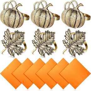 12 Pieces Thanksgiving Fall Napkin Rings Set, Include 6 Pieces Pumpkin Maple Leaf Napkin Rings with 6 Pieces Solid Color Dinner Napkins for Thanksgiving, Dinner Parties, Weddings (Elegant)