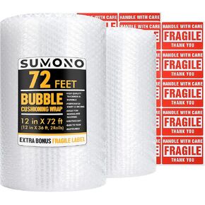 Bubble Cushioning Wrap Roll, Sumono 12 Inch x 36 Feet Total Bubble Roll Perforated 12 Inch Included 10 Fragile Sticker Label