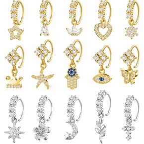 Bonuci 15 Pcs Dangle Nose Rings Hoops Heart Flower Moon Dangle Nose Rings Cartilage Earring Dangling Nose Piercing Jewelry for Women and Girls