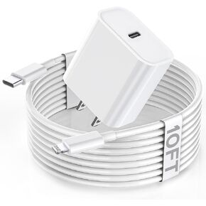 Apple Fast Charger, 10FT Extra Long iPhone Charger【Apple MFi Certified】20W Super Quick Charging USB C Wall Charger Block with 10Foot Lightning Cable Cord for 14/13/12/11/X/XR/SE/iPad