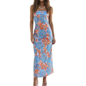 Realtix Satin Silk Backless Tube Tops Maxi Dress for Women Low Back Hollow Out Elegant Strapless Long Dresses Wedding Guest