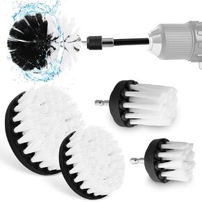 ABN 1/4in Drive Nylon Power Scrubber Drill Brush Attachment 5pc Set with 1pc Extension - Shower Cleaner, Spa Hot Tub Scrubber, Carpet Brush, Grout Cleaner for Home and Auto Car - White Soft Bristle