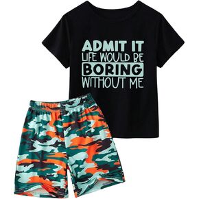 SHENHE Boy's 2 Piece Outfits Color Block Camo Print Short Sleeve T Shirt and Shorts Set