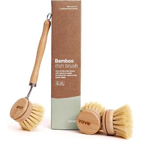 Vove | Bamboo Dish Brush | Long Lasting Brush with 3 Replacement Heads | Natural Bristle | Eco-Friendly | Wooden Dish Brush for Washing and Cleaning Pot Pan Dish Bowl |
