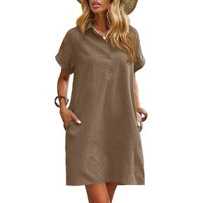 Zeagoo Womens Cotton Shirt Dress Summer Casual Short Sleeve Button Down Beach Cover Up Shirts with Pockets