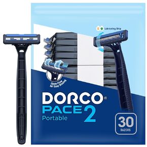 Dorco Pace 2 Plus Disposable Razor 60 count 2 blades Pivoting Head Open-Flow for Easy Rinsing with Lubricating Strip and Long Non-Slip Rubber Handle 60 counts