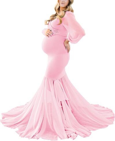 Saslax Long Chiffon Sleeve Tired Mermaid Maternity Dress for Photoshoot Photography Baby Shower in Kuwait